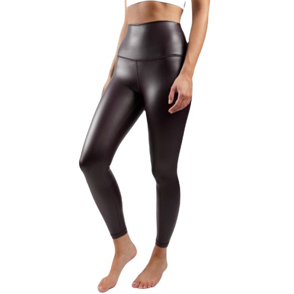 90 Degree by Reflex Faux Leather High Waist Elastic Free Ankle Fleece Leggings - Picture 1 of 4